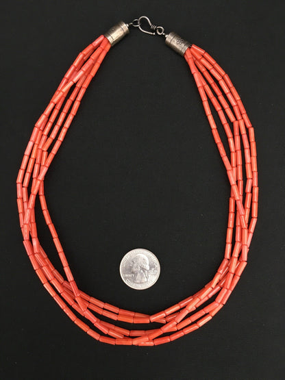 Orange Coral Tube Heishi Bead 5 Strand Navajo Sterling Silver Necklace 19" 1108