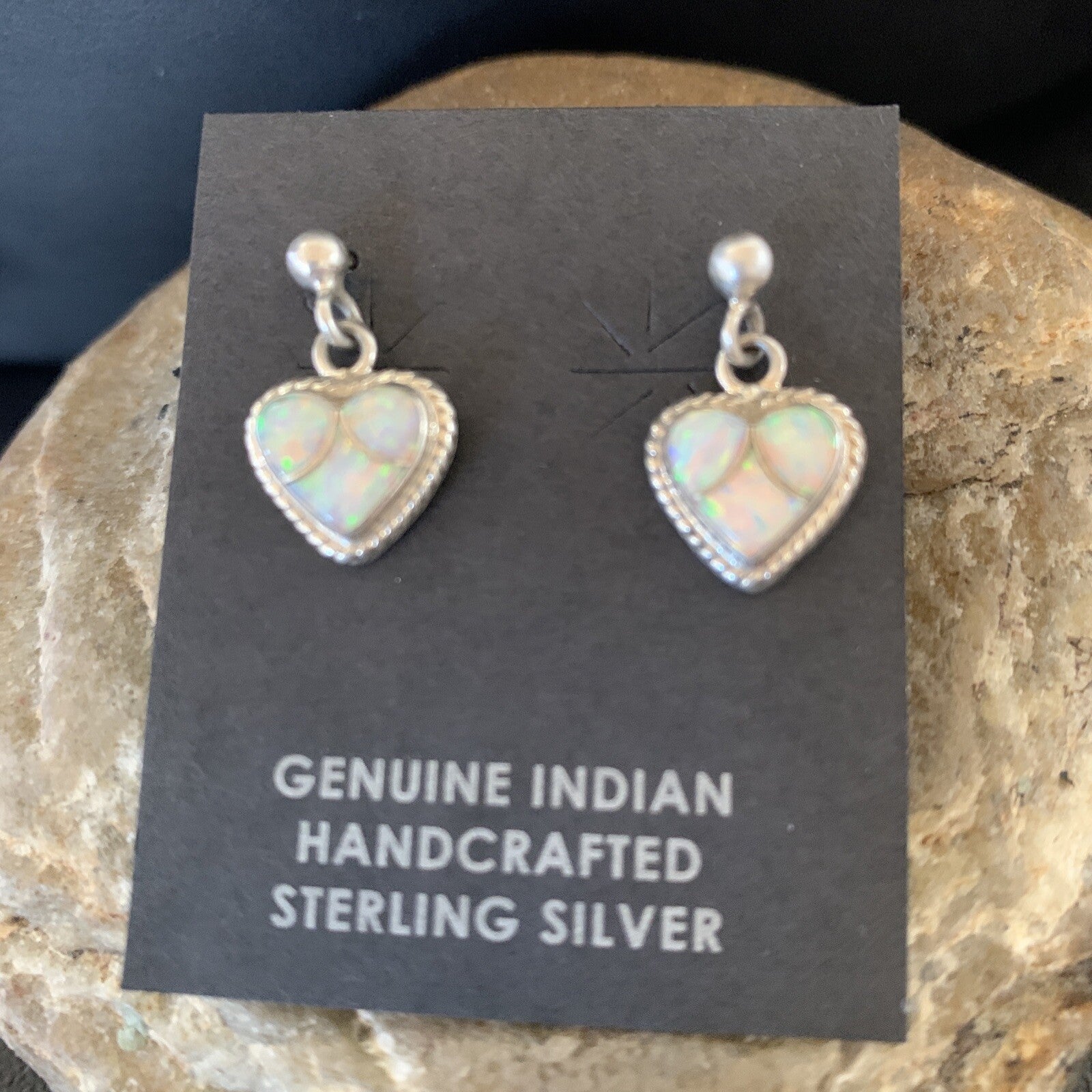 Womens White Opal Inlay Navajo Sterling Silver Dangle Post Earrings 0.5" 12761