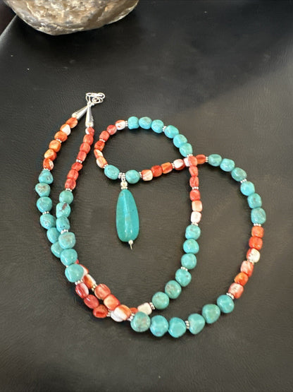 Red Spiny Oyster Blue Turquoise Navajo Sterling Silver Necklace 17954