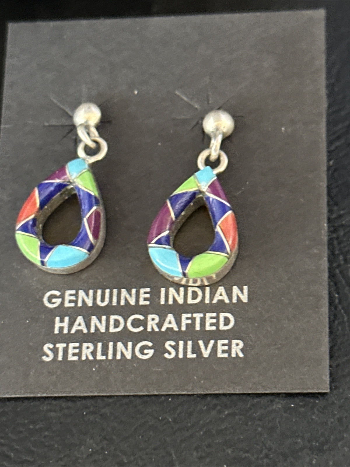 Turquoise Spiny Oyster & Opal Navajo Sterling Silver Inlay Earrings 1” 14411