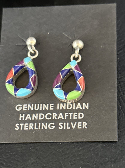 Turquoise Spiny Oyster & Opal Navajo Sterling Silver Inlay Earrings 1” 14411