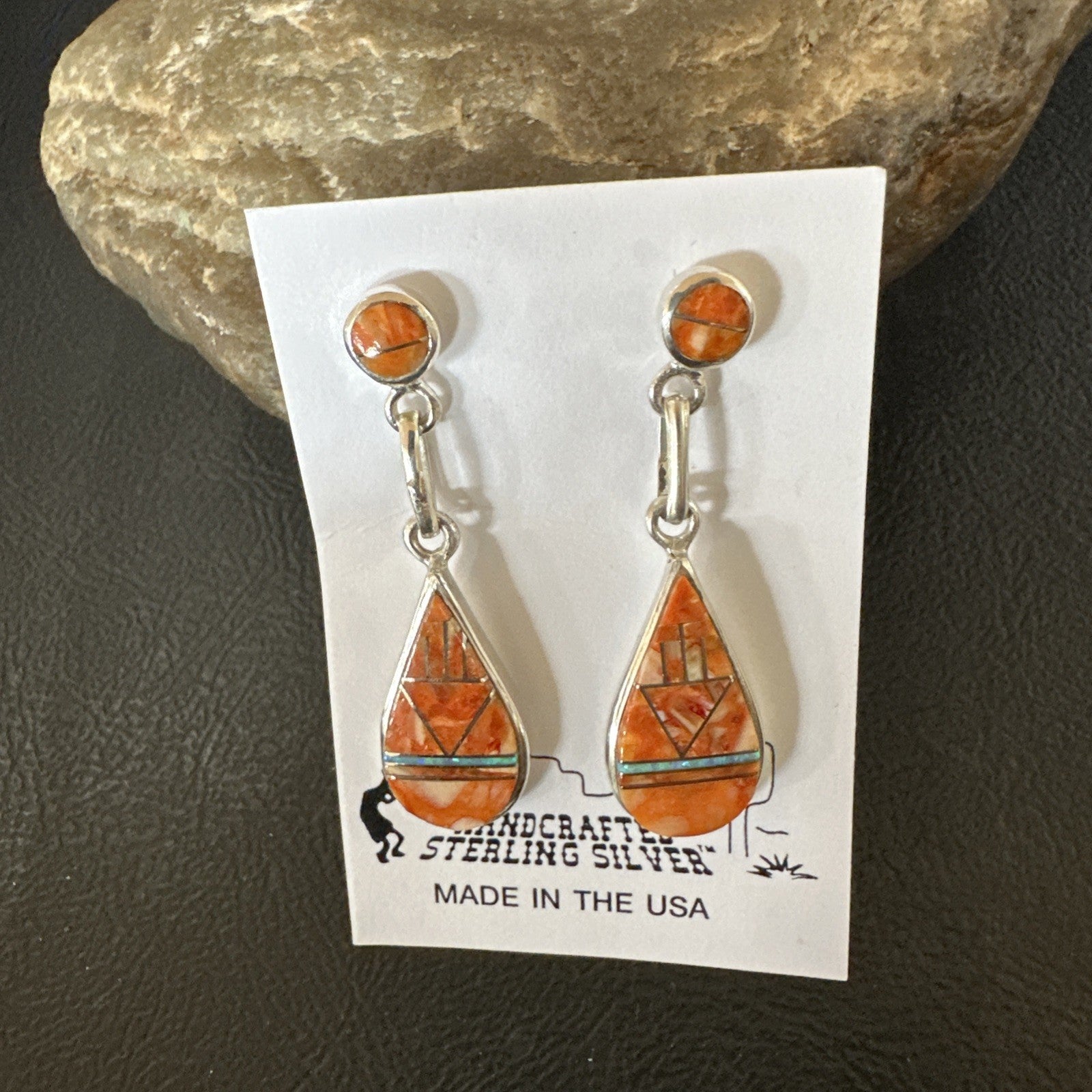 Womens Opal Spiny Oyster Inlay Navajo Sterling Silver Dangle Earrings 19135