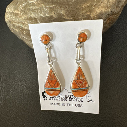 Womens Opal Spiny Oyster Inlay Navajo Sterling Silver Dangle Earrings 19135