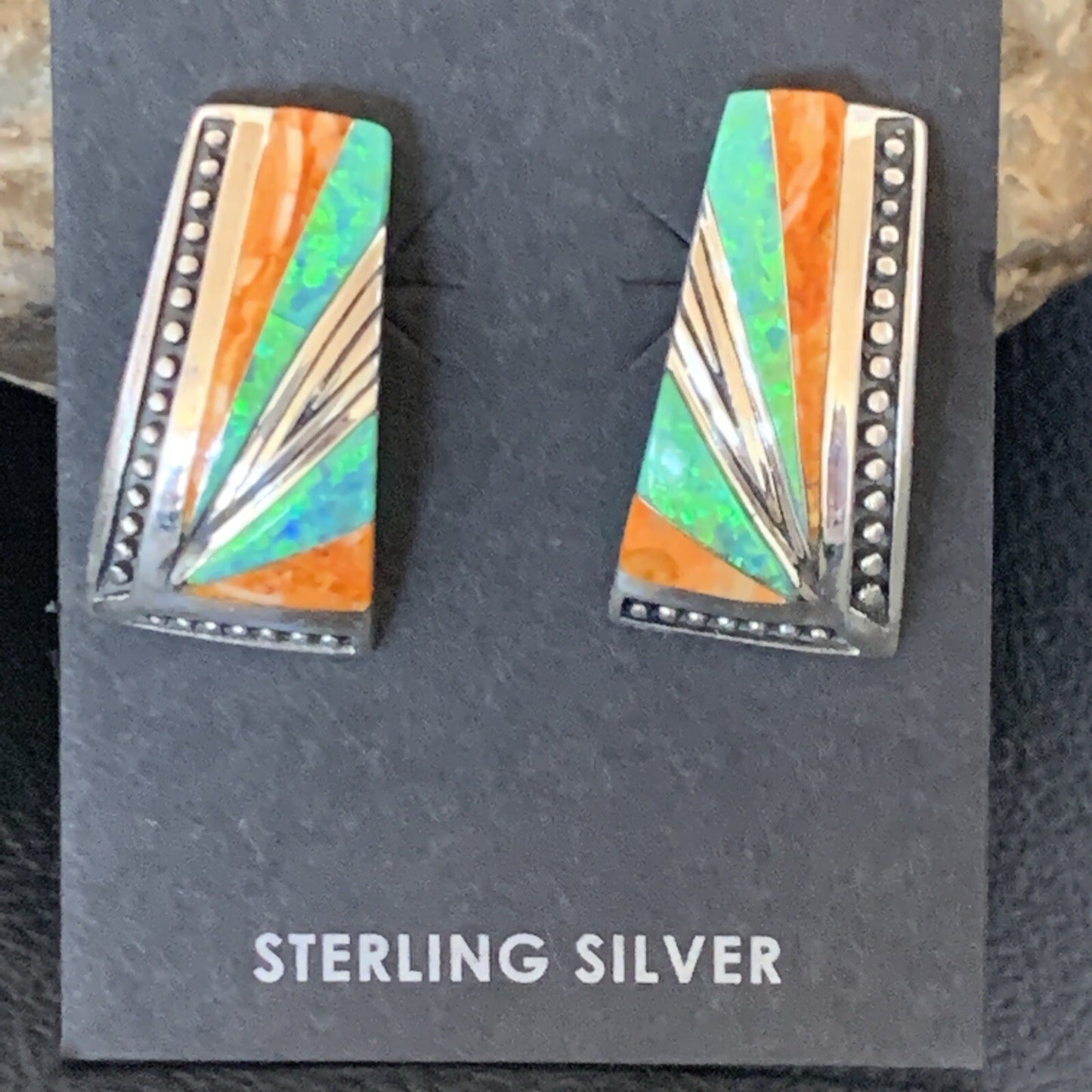 Navajo Blue Opal Oran Spiny Oyster Inlay Sterling Silver Earrings 12118