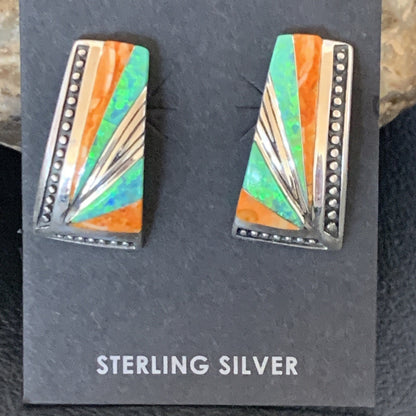 Navajo Blue Opal Oran Spiny Oyster Inlay Sterling Silver Earrings 12118