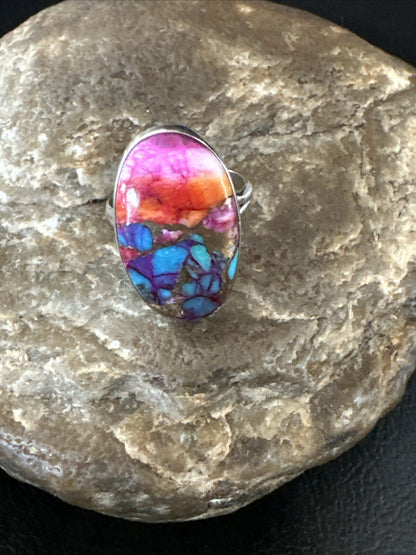 Blue Turquoise Purple Spiny Oyster Navajo Sterling Silver Ring Size 6 18204