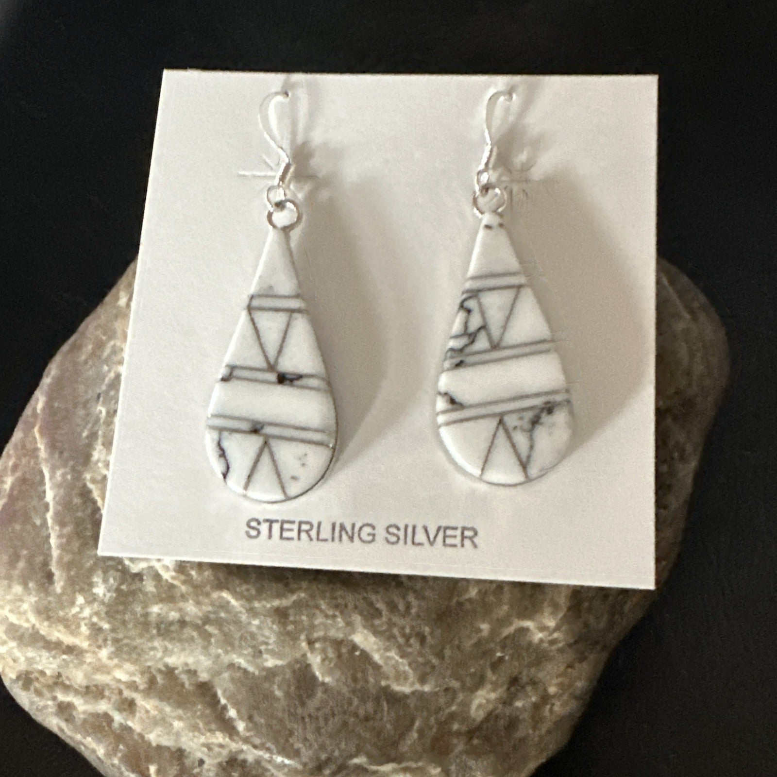 White Howlite Dangle Inlay Navajo Sterling Silver Earrings 19264