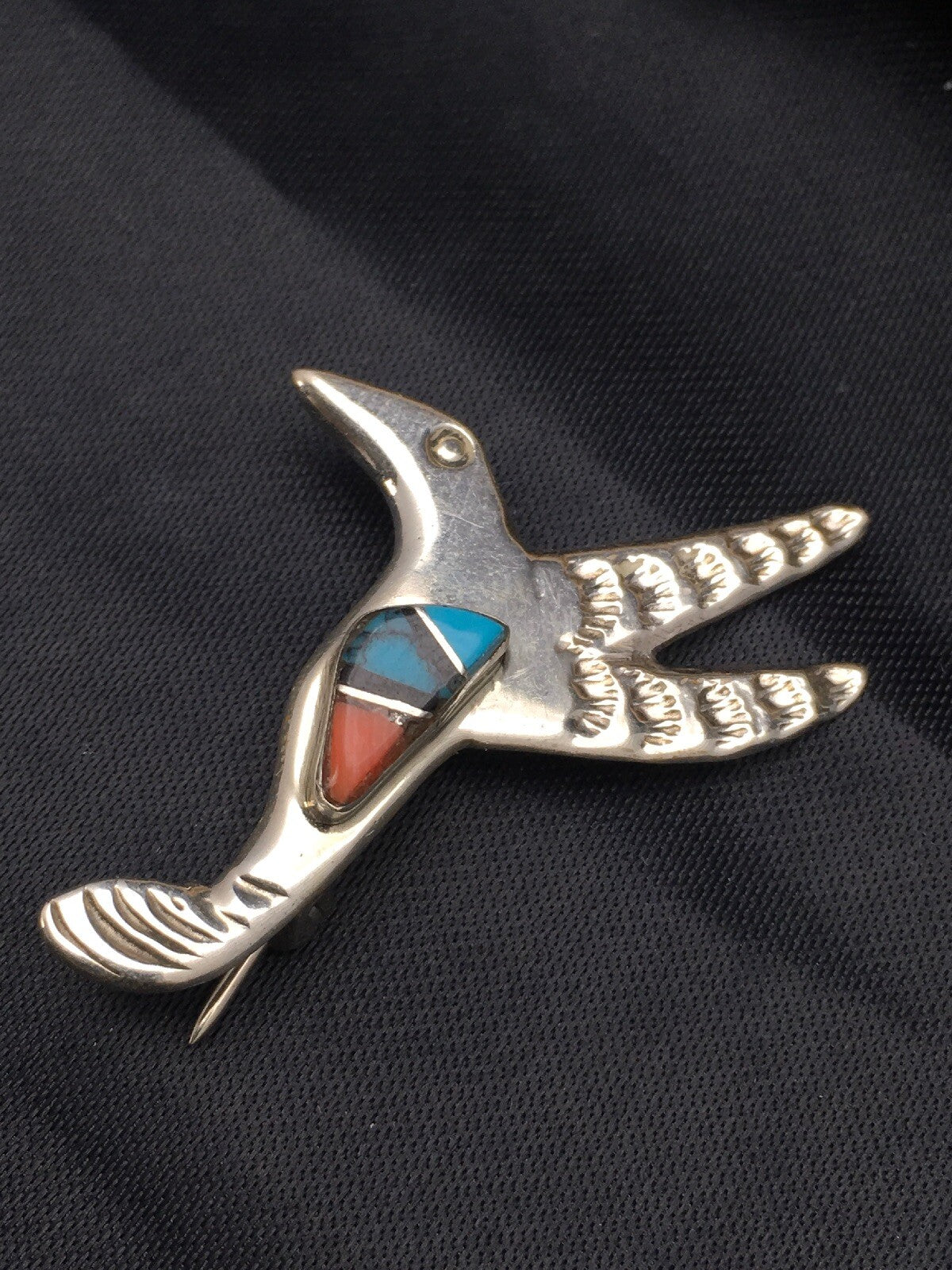 Coral & Turquoise Hummingbird Navajo Sterling Silver Inlay Pin 02901