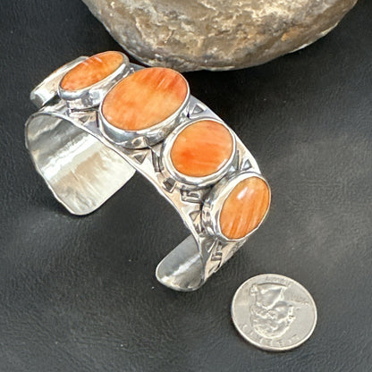 Stamped Orange Spiny Oyster Navajo Sterling Silver 5 Stone Cuff Bracelet 17941