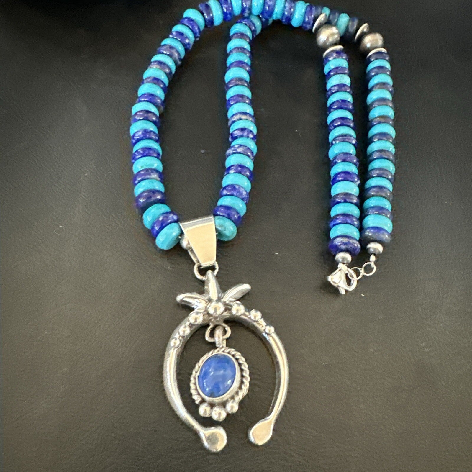Blue Denim Lapis Turquoise Naja Pendant Navajo Sterling Silver Necklace 21"17688