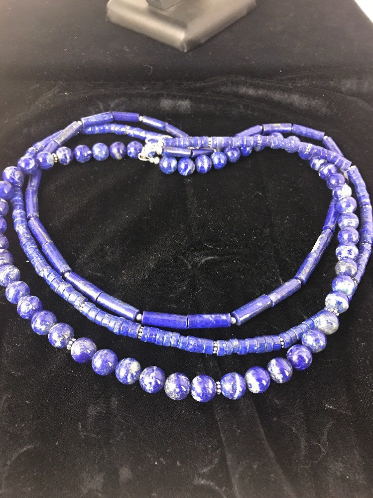 Native Denim Lapis 3 strand Sterling Silver Tube Bead 22" Necklace 3869