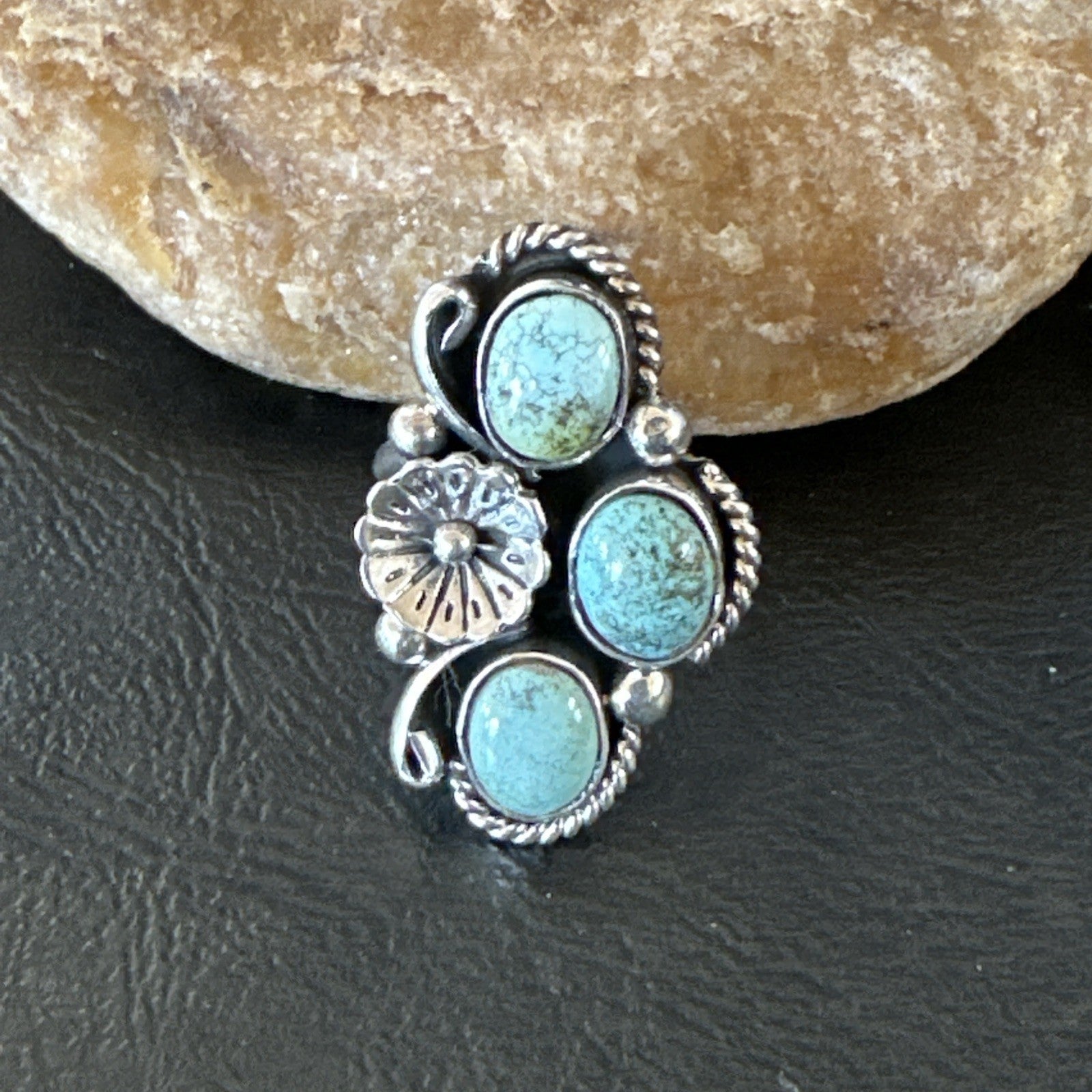 Yazzie Ring Blue Turquoise Navajo Sterling Silver Cluster Size 8 19219