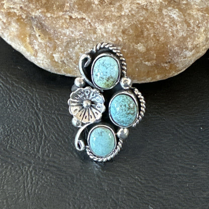 Yazzie Ring Blue Turquoise Navajo Sterling Silver Cluster Size 8 19219
