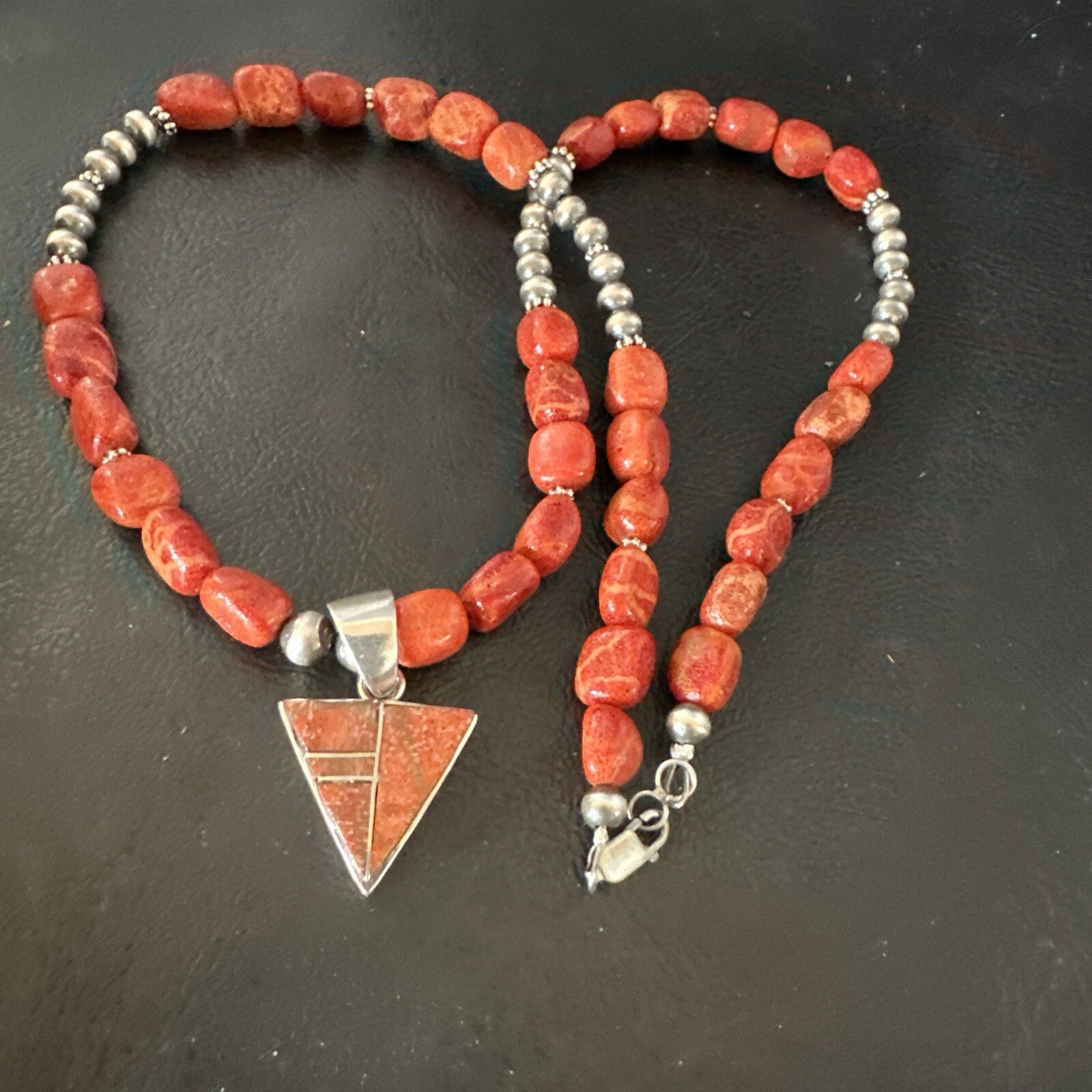 Navajo Apple Sponge Coral Sterling Silver Necklace Inlay Pendant 21” 18755