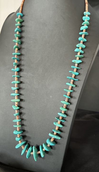 Santo Domingo Kingman Turquoise Heishi Sterling Silver Bead 32” Necklace 19554