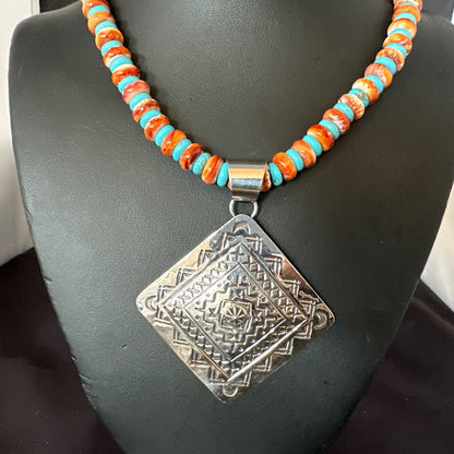 Orange Spiny Oyster Turquoise Navajo  Pendant Sterling Silver Necklace 21” 19043