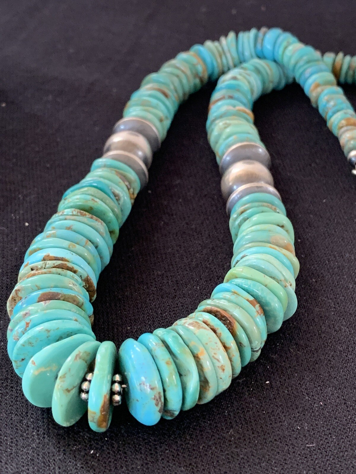 Blue Turquoise Graduated Navajo Pearls Sterling Silver Necklace 00248