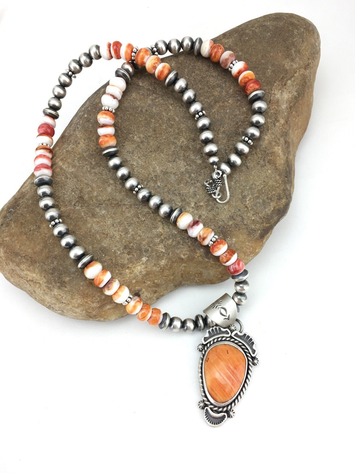 Orange Spiny Oyster Pendant Sterling Silver Beads Necklace 22" 01241