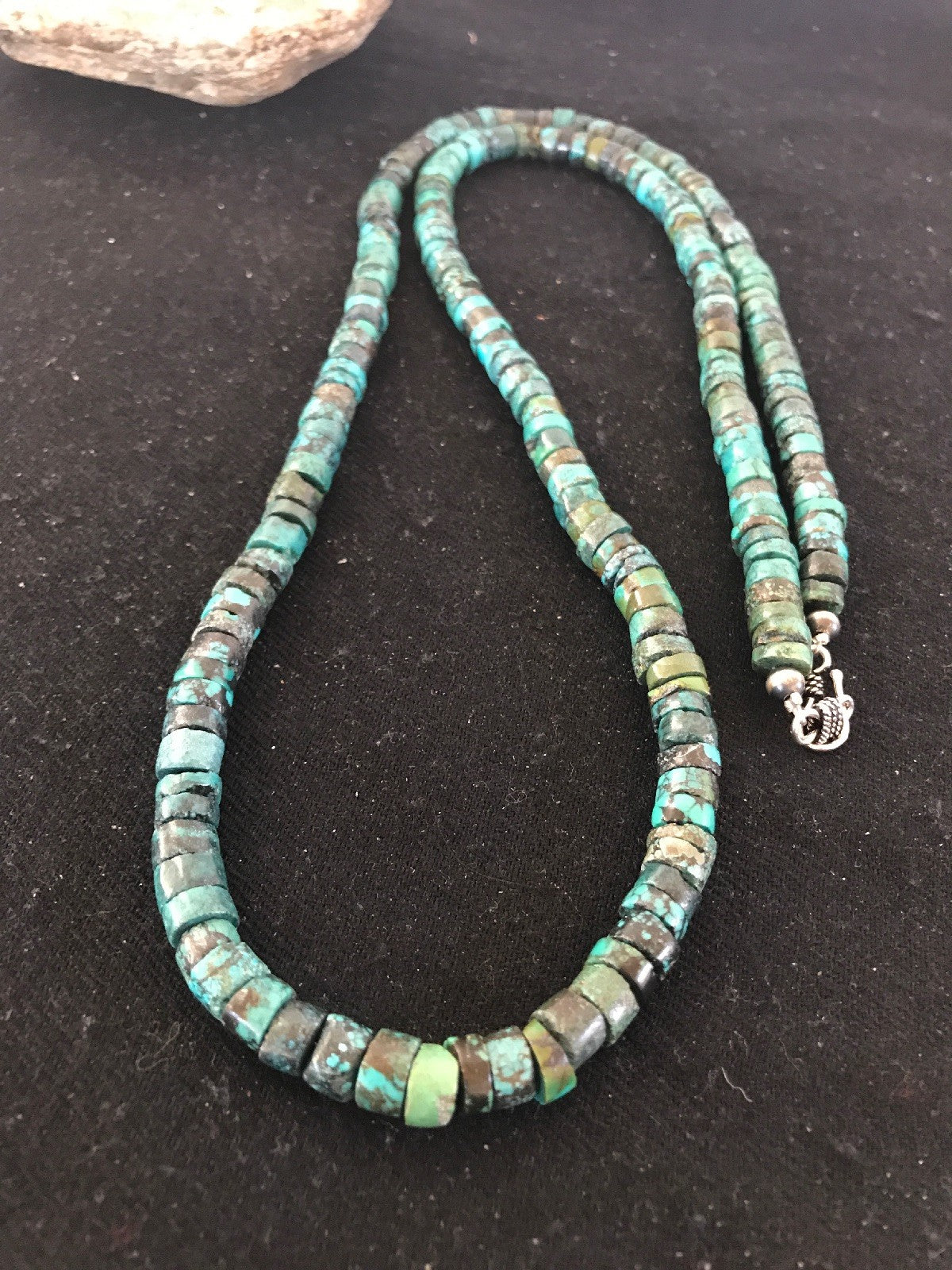 Navajo Blue Turquoise 10mm Heishi Sterling Silver Bead Necklace 26” 10068