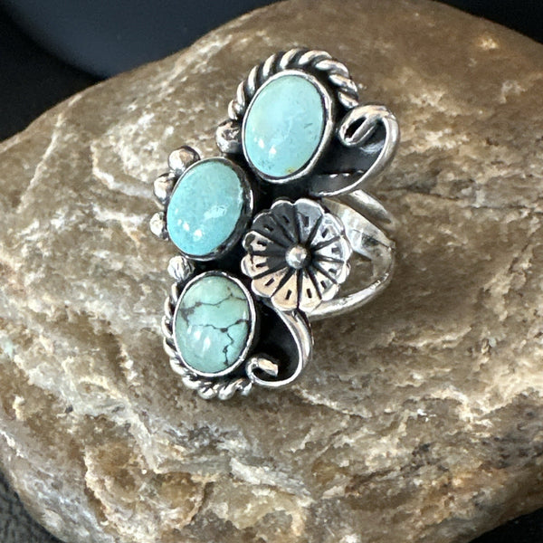 Yazzie Ring Green Turquoise Navajo Cluster Size 8 | Sterling Silver | Authentic Native American Handmade | 19207