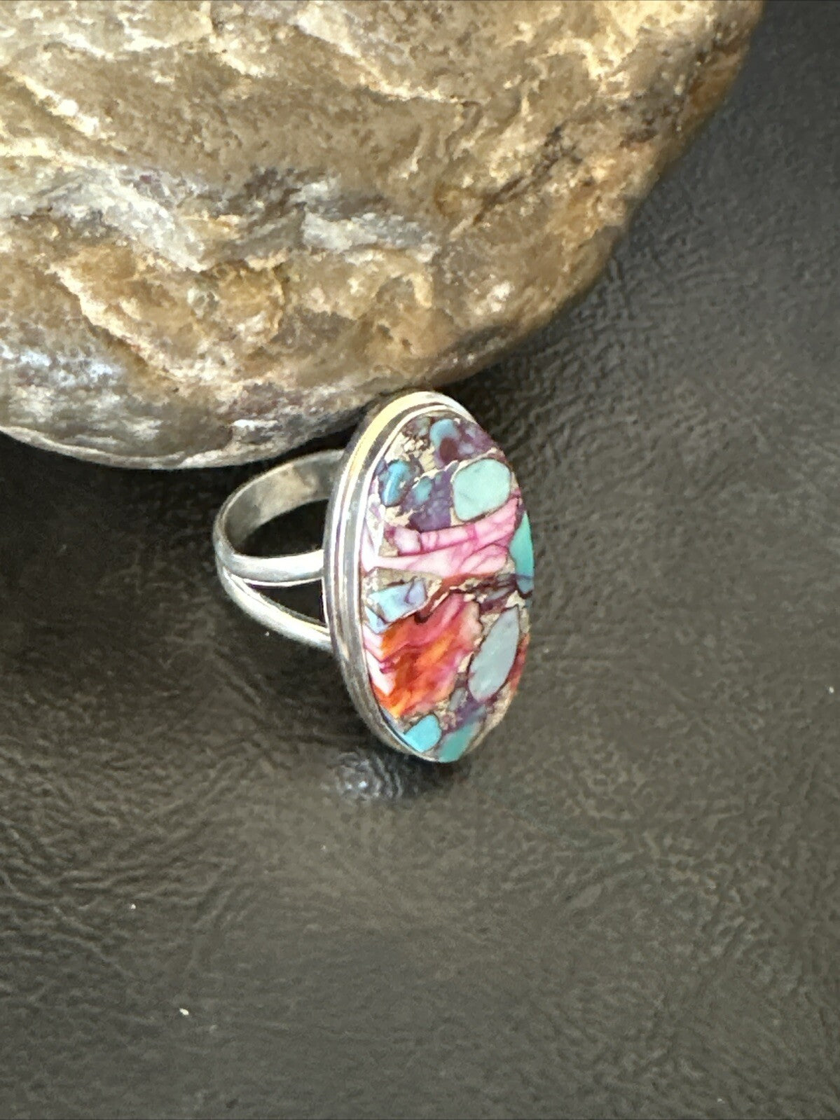 Blue Turquoise Spiny Oyster Southwestern Sterling Silver Ring Size 7 18432