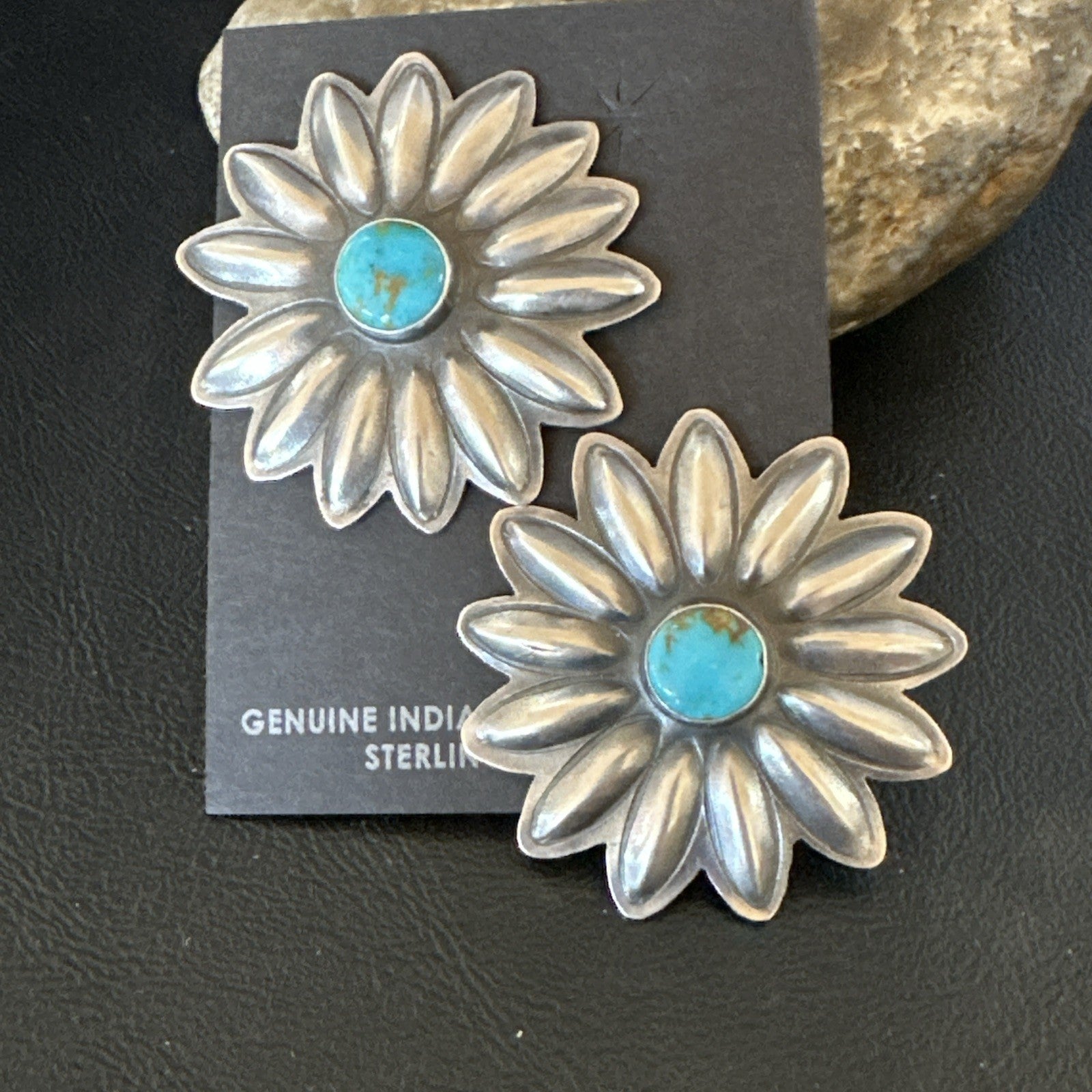 Navajo Blue Turquoise Sterling Silver Stamped Flower Earrings 19083