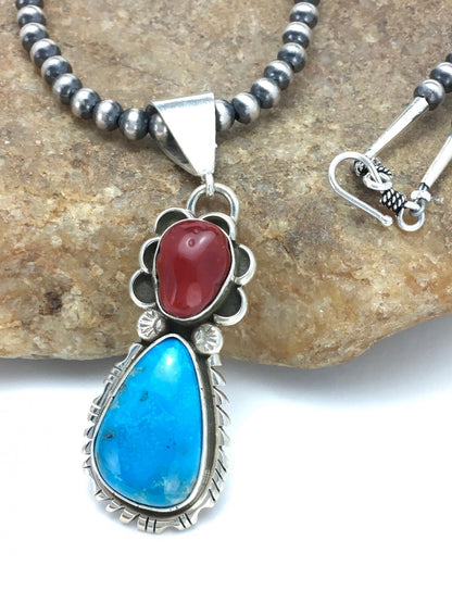 Turquoise & Coral Pendant Navajo Sterling Silver Necklace 02580