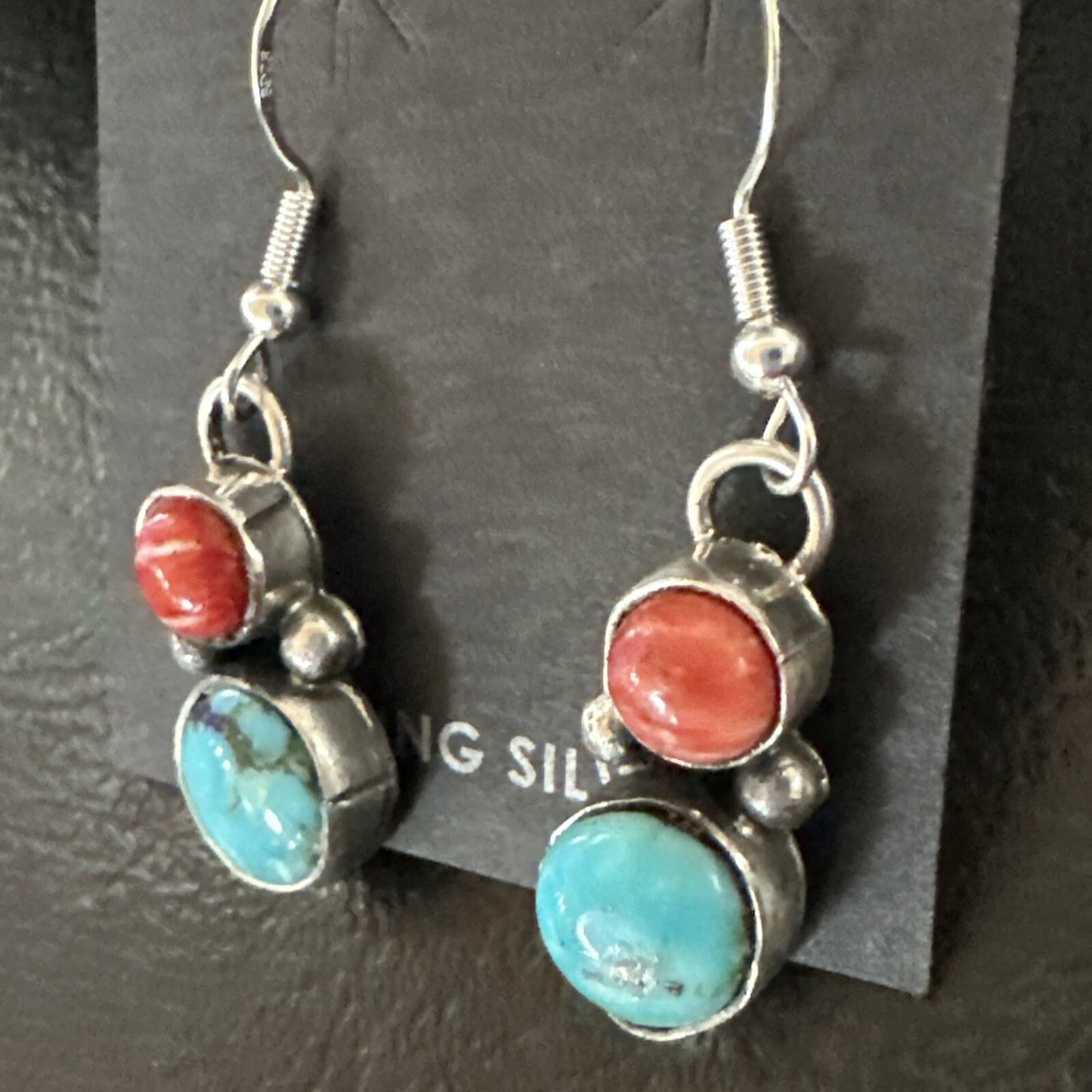 Handmade Blue Turquoise Red Coral Sterling Silver Navajo Dangle Earrings 18845