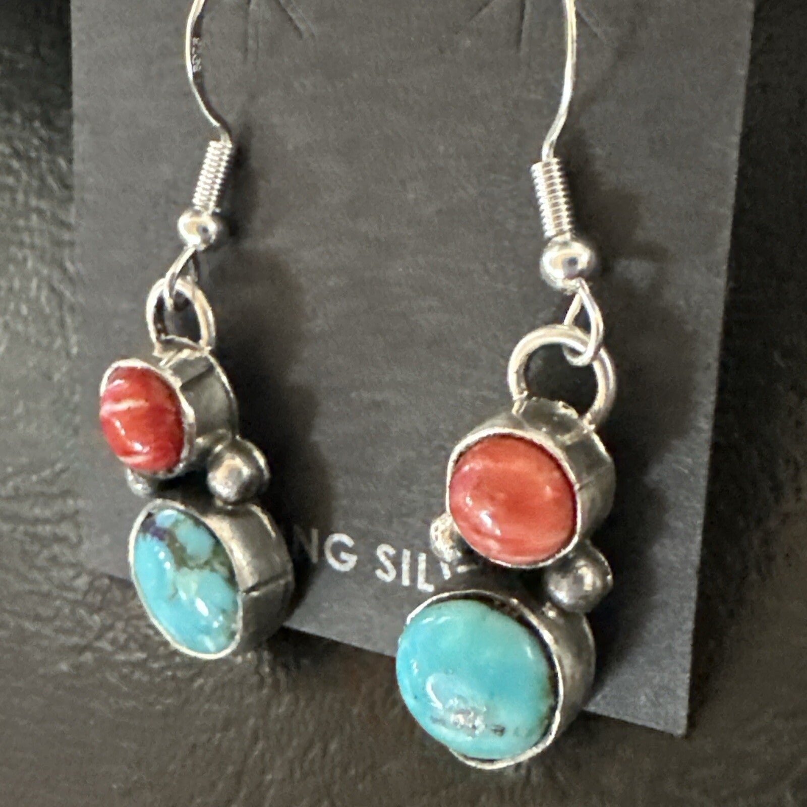 Handmade Blue Turquoise Red Coral Sterling Silver Navajo Dangle Earrings 18845