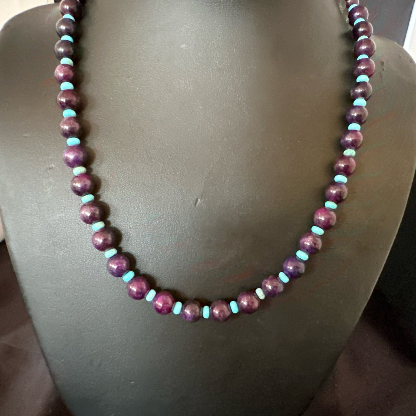 Purple Stone Blue Turquoise Bead Navajo Sterling Silver Necklace 18” 17788