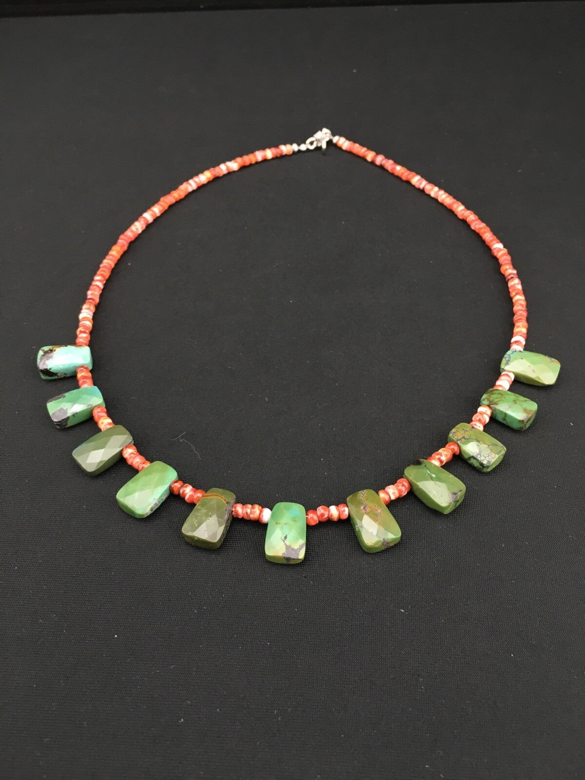 Spiny Oyster & Faceted Turquoise Navajo Sterling Silver Necklace 20" 04917
