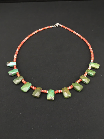 Spiny Oyster & Faceted Turquoise Navajo Sterling Silver Necklace 20" 04917