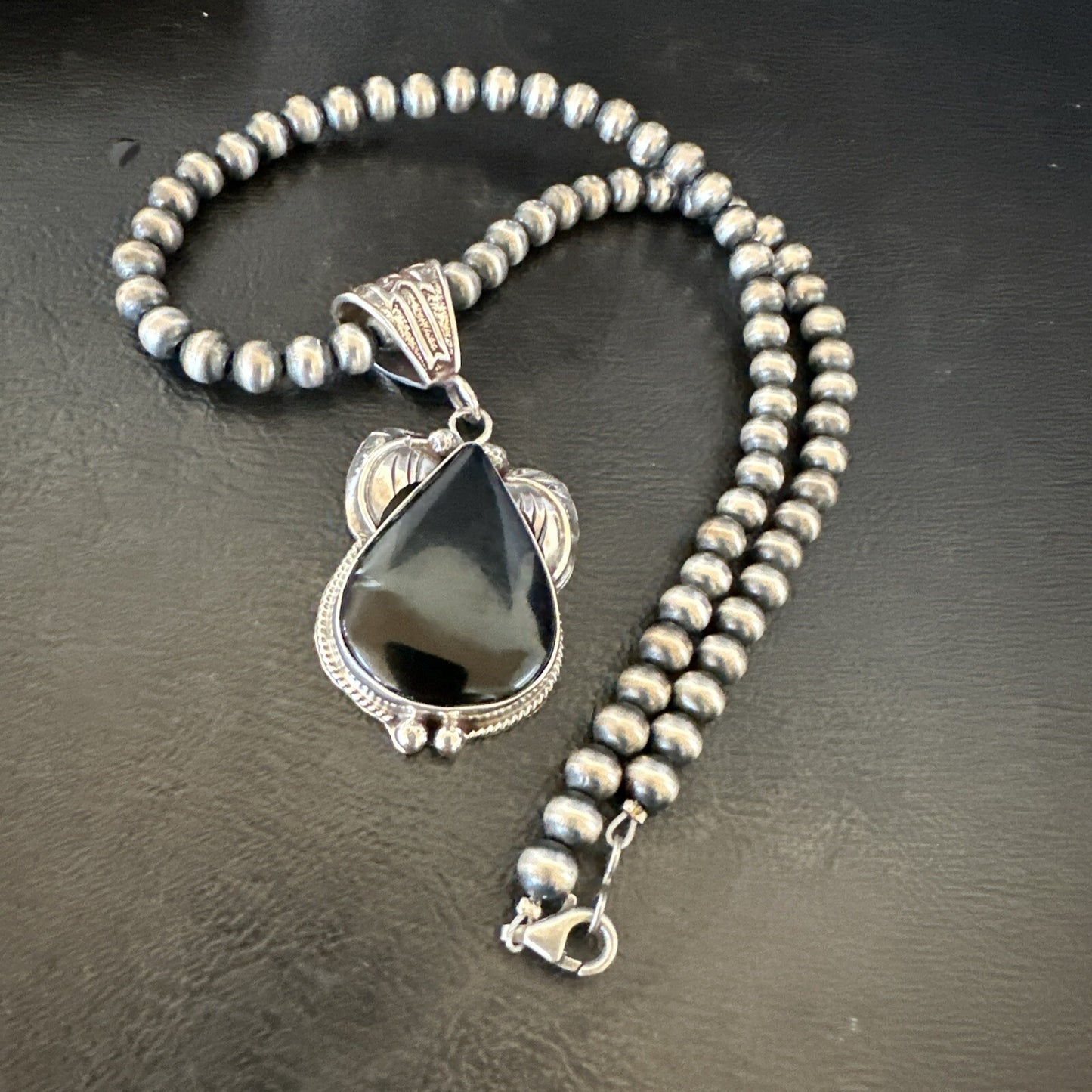 Mens Womens Black Onyx Pendant Navajo Sterling Silver Beads Necklace 18351
