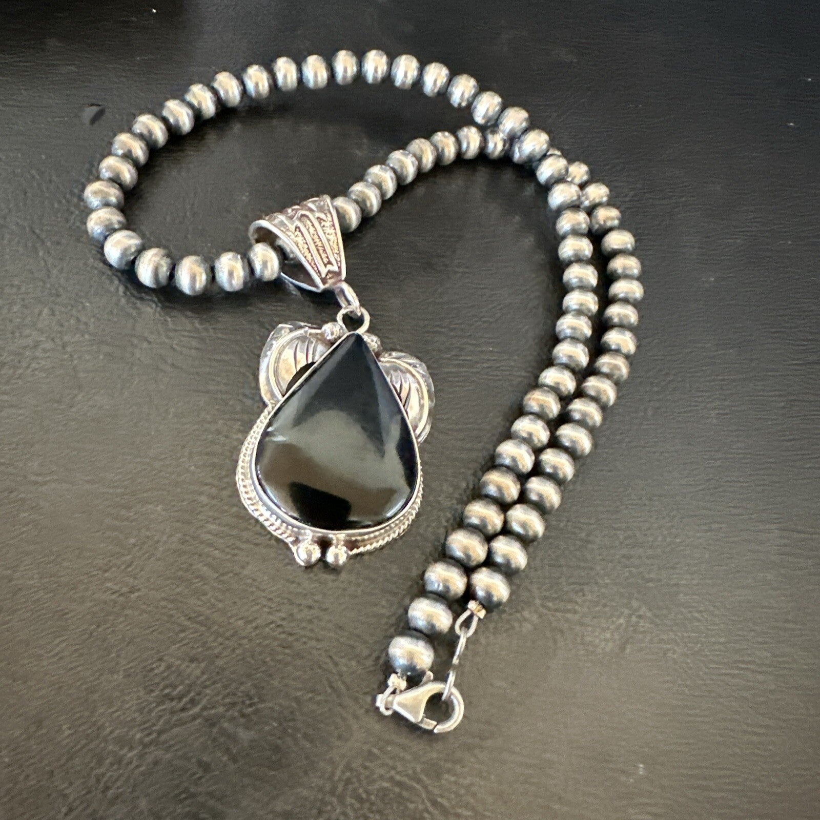 Mens Womens Black Onyx Pendant Navajo Sterling Silver Beads Necklace 18351