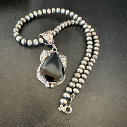 Mens Womens Black Onyx Pendant Navajo Sterling Silver Beads Necklace 18351