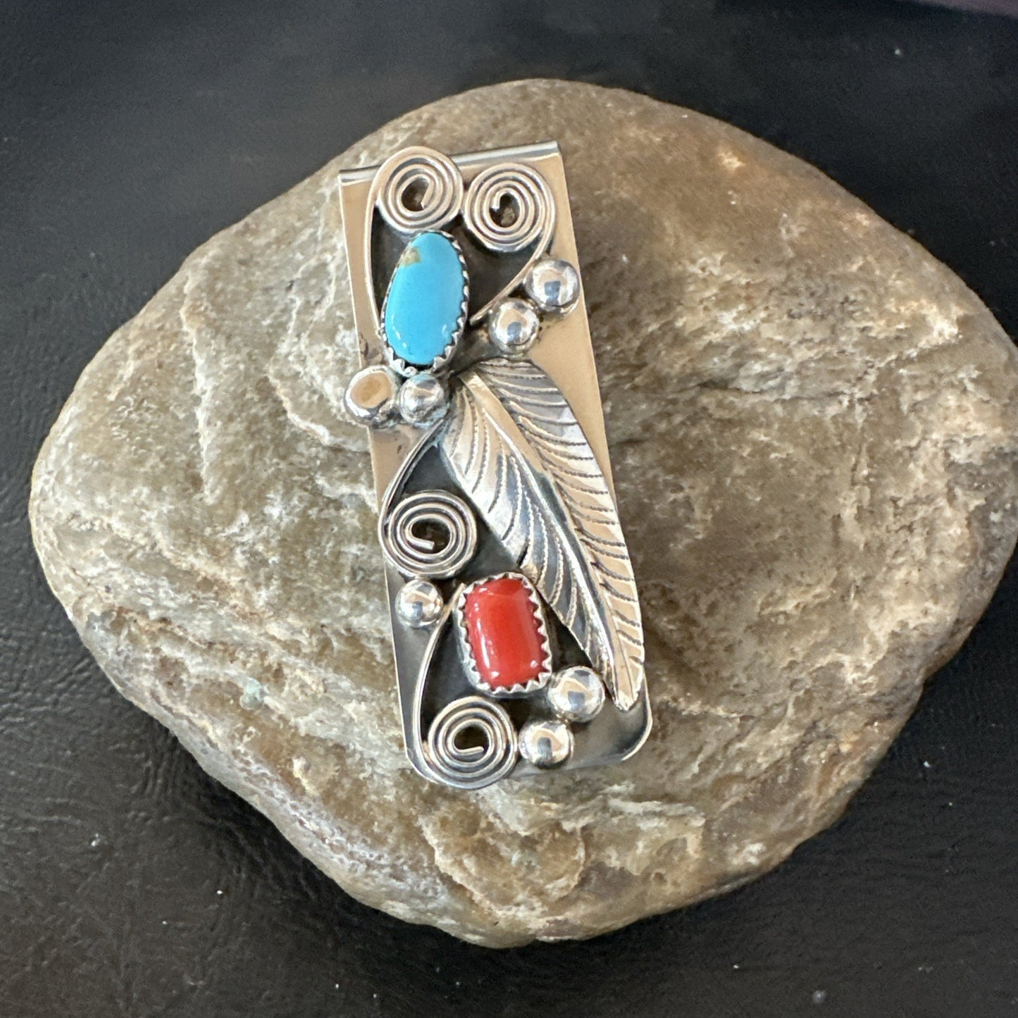 Mens Women Blue Turquoise Coral Navajo Stainless Stamped Silver Money Clip 19735