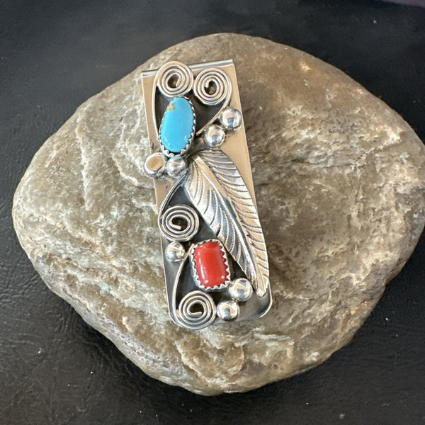 Men's Women Blue Turquoise Coral Navajo Stainless Stamped Silver Money Clip | Authentic Native American Handmade | 19735