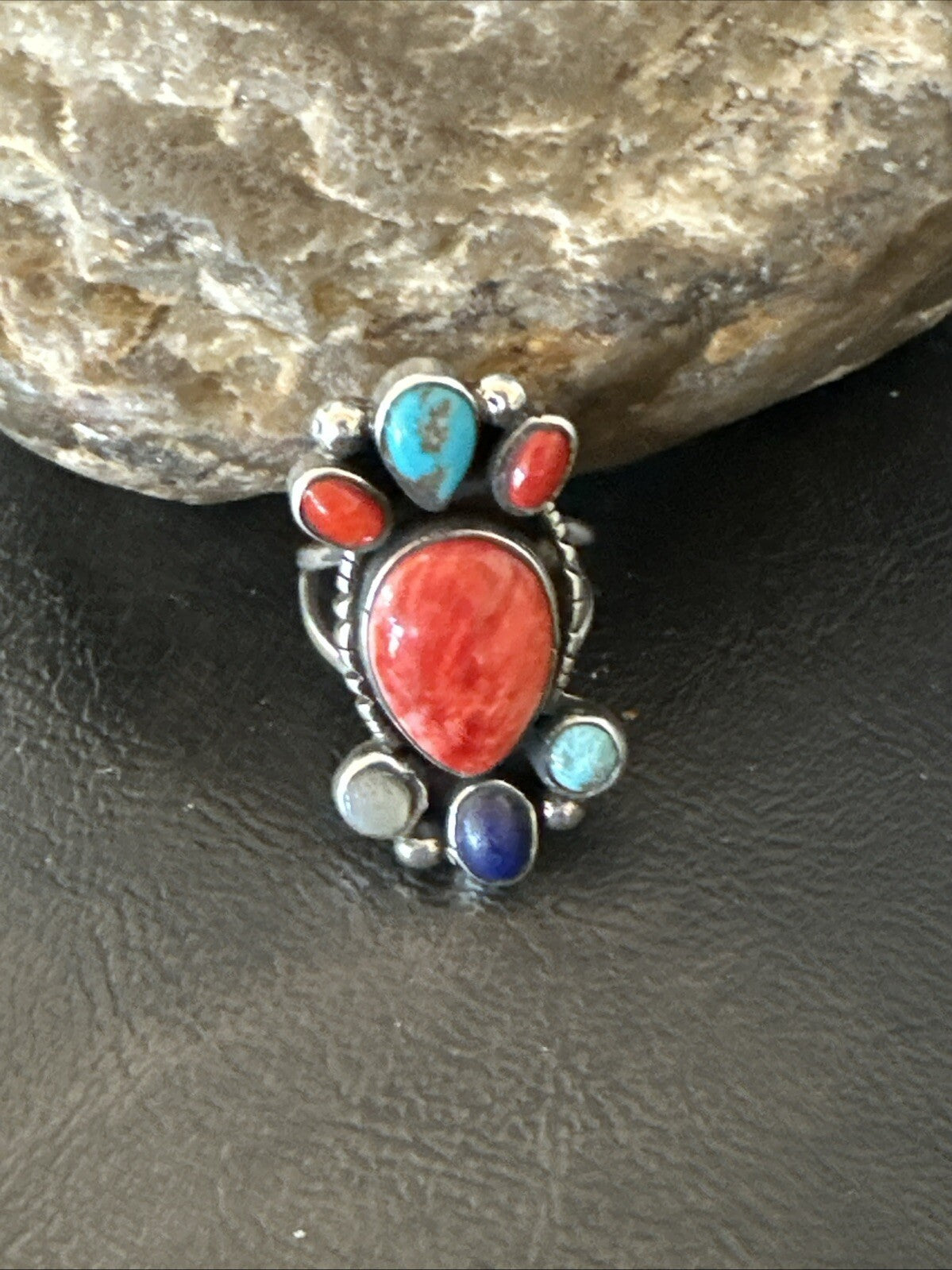 Cluster Blue Turquoise Spiny Oyster Onyx Sterling Silver Ring Size 9 18561