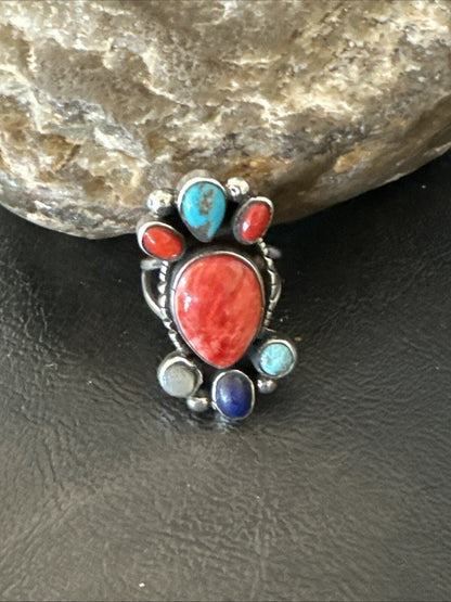 Cluster Blue Turquoise Spiny Oyster Onyx Sterling Silver Ring Size 9 18561