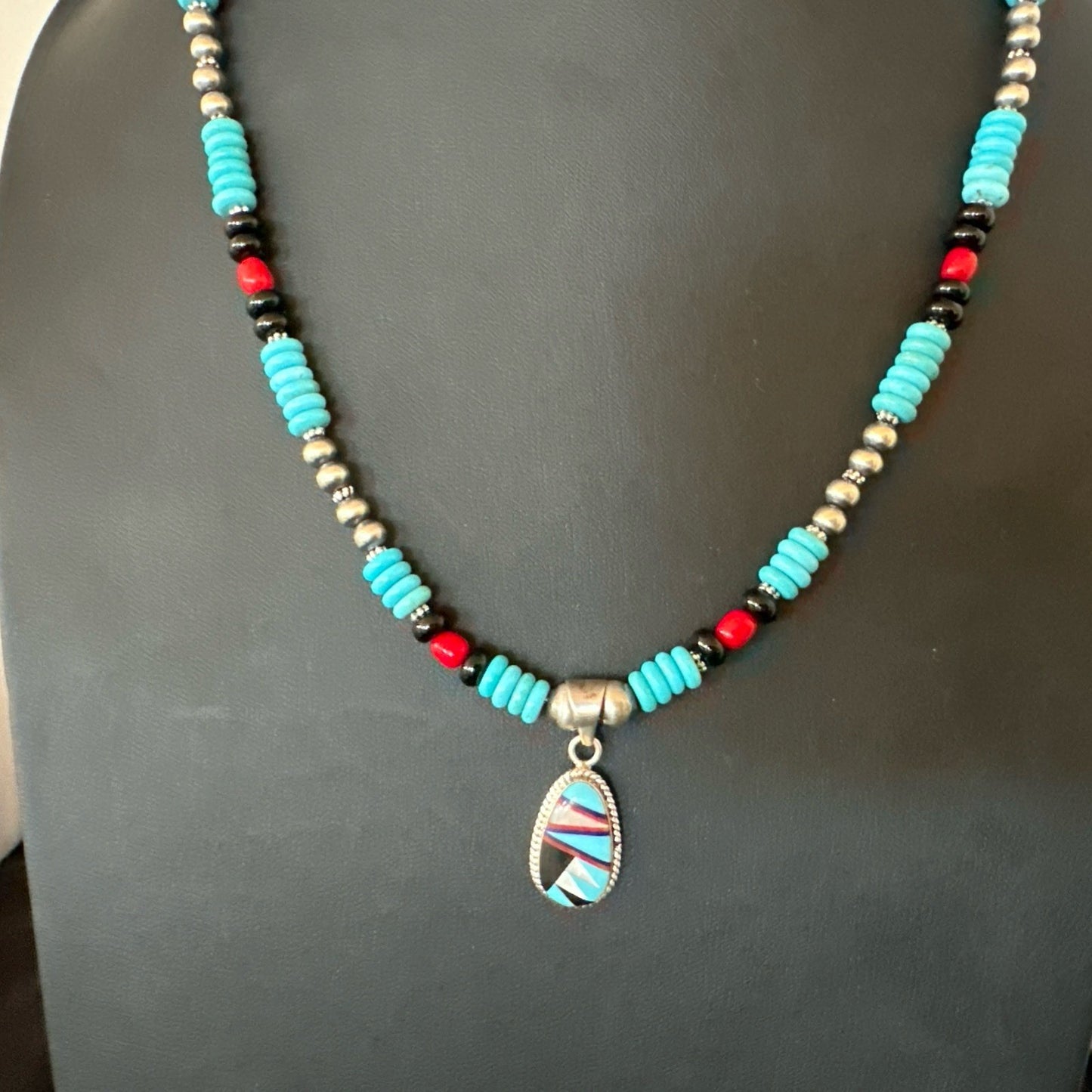 Multicolor Turquoise Coral Navajo Sterling Silver Inlay Pendant Necklace 19648