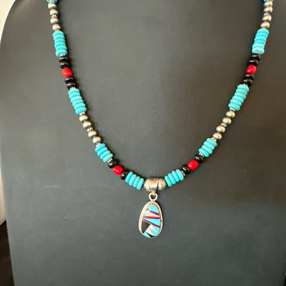 Multicolor Turquoise Coral Navajo Sterling Silver Inlay Pendant Necklace 19648