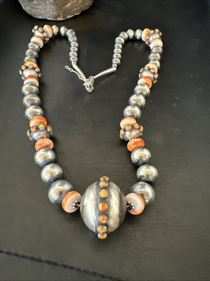 XL Orange Spiny Oyster Navajo Pearls Graduated Sterling Bead Necklace 25" 19610
