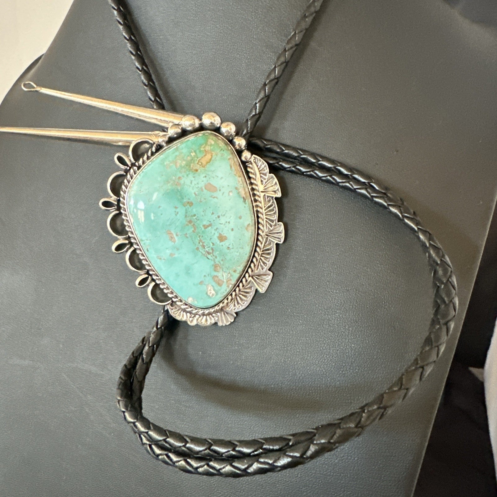Native Mens Blue Green Royston Turquoise Bolo Tie Sterling Silver Navajo 19592