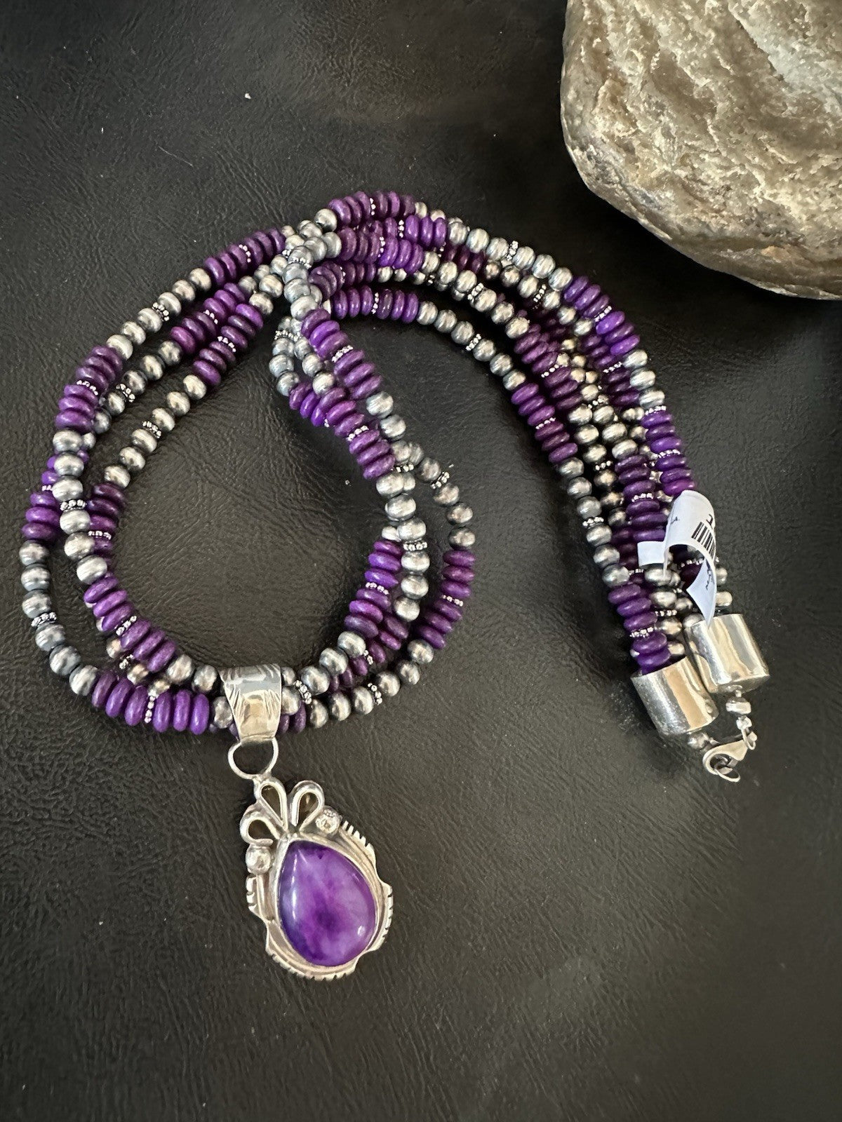 Navajo Sterling Silver 3 Strand Purple Stone Necklace Pendant 22” 19304