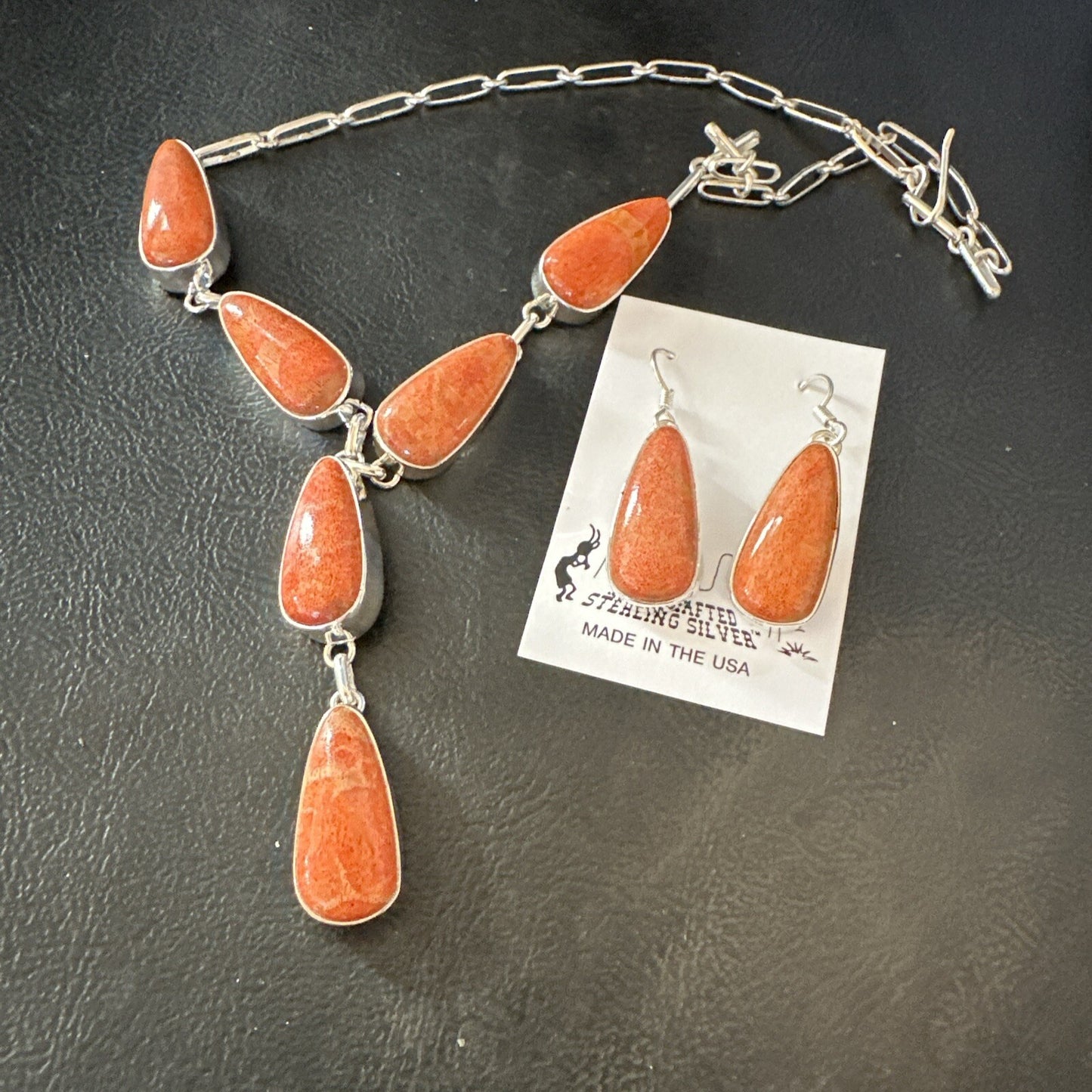 Apple Sponge Coral Lariat Necklace Pendant Earrings Sterling Silver 16” 18973