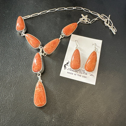 Apple Sponge Coral Lariat Necklace Pendant Earrings Sterling Silver 16” 18973