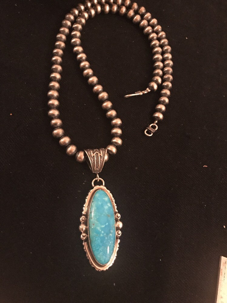 Yazzie Blue Turquoise 2.5" Pendant Navajo Pearls Sterling Silver Necklace 3232