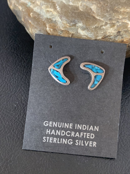 Womens Chip Inlay Earrings Navajo Blue Turquoise Sterling Silver Stud 0.5" 13111