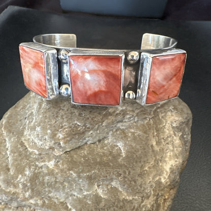 Red Spiny 3 Stone Sterling Silver Navajo Cuff Bracelet 7.7" 19488