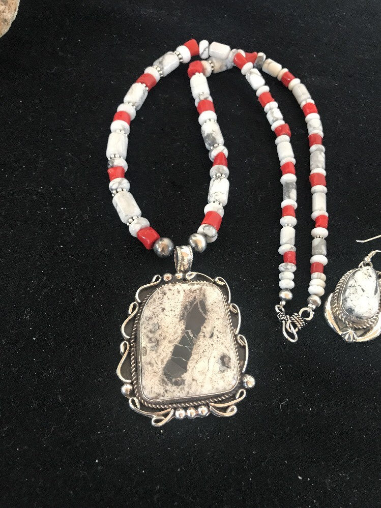 Navajo Pearls Sterling White Buffalo Turquoise Necklace Pendant 08216 XL